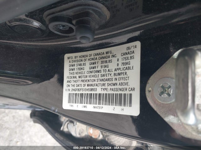 Honda Civic Lx 2014 2HGFB2F51EH558933 Image 9