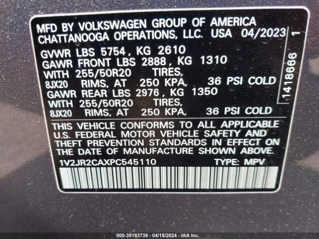 1V2JR2CAXPC545110 Volkswagen Atlas 3.6l V6 Se W/technology