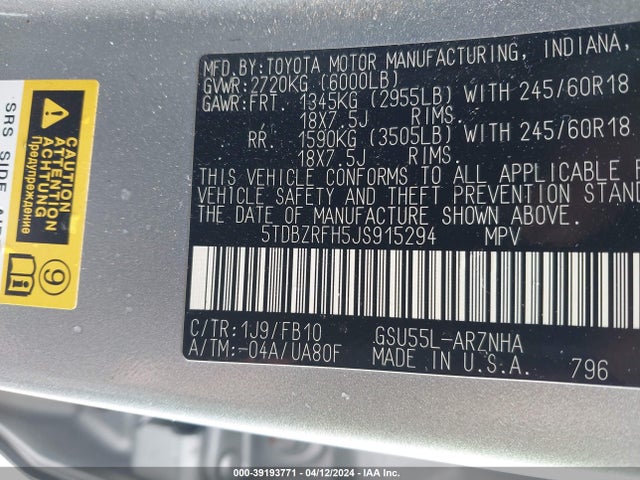 Toyota Highlander Le 2018 5TDBZRFH5JS915294 Image 9