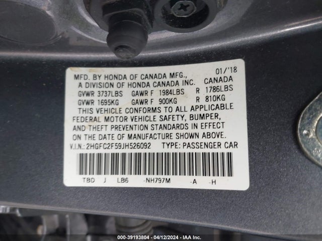 Honda Civic Lx 2018 2HGFC2F59JH526092 Image 9