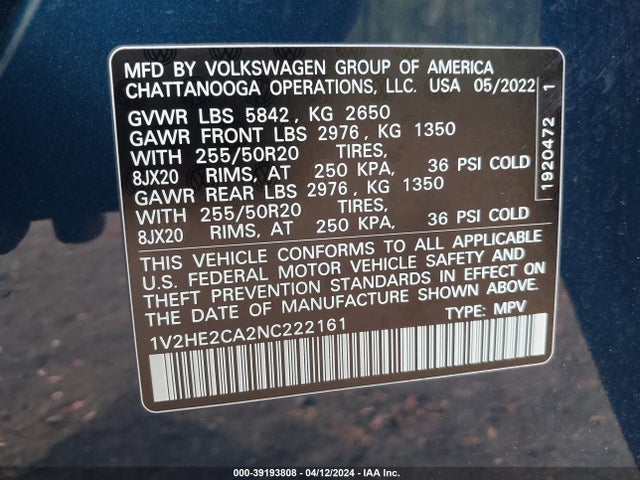 1V2HE2CA2NC222161 Volkswagen Atlas Cross Sport 3.6l V6 Se W/technology