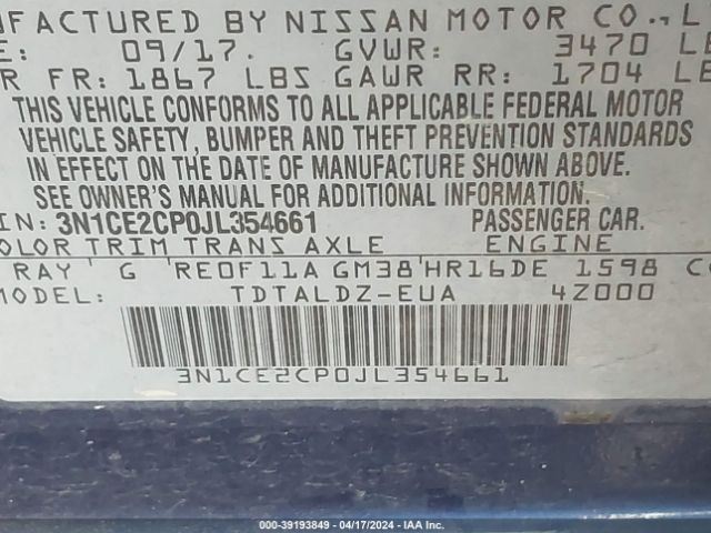 3N1CE2CP0JL354661 Nissan Versa Note Sv