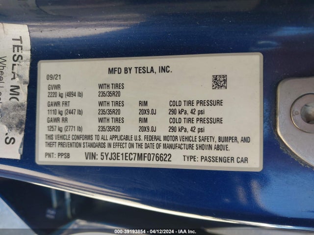 5YJ3E1EC7MF076622 Tesla Model 3 Performance Dual Motor All-wheel Drive