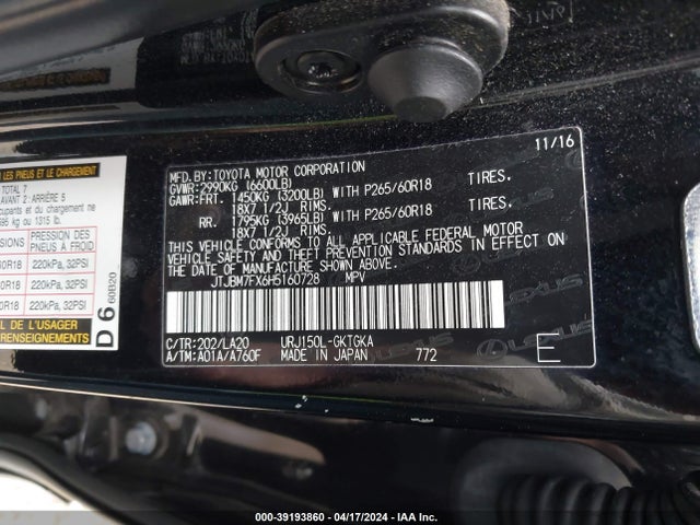Lexus 460 2017 JTJBM7FX6H5160728 Image 9