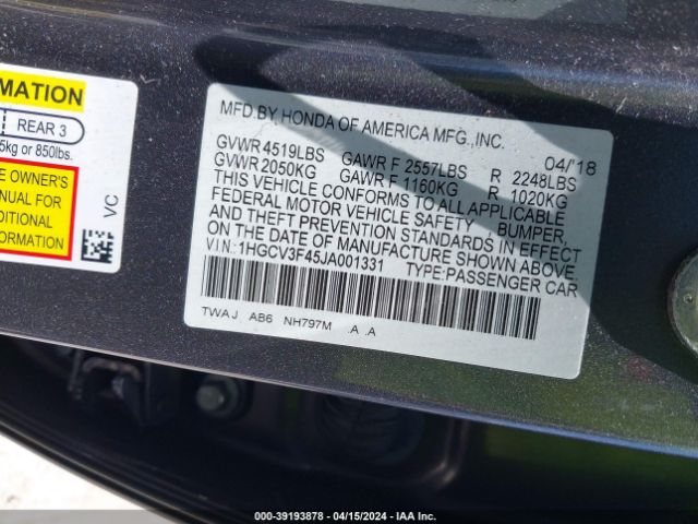 1HGCV3F45JA001331 Honda Accord Hybrid Ex