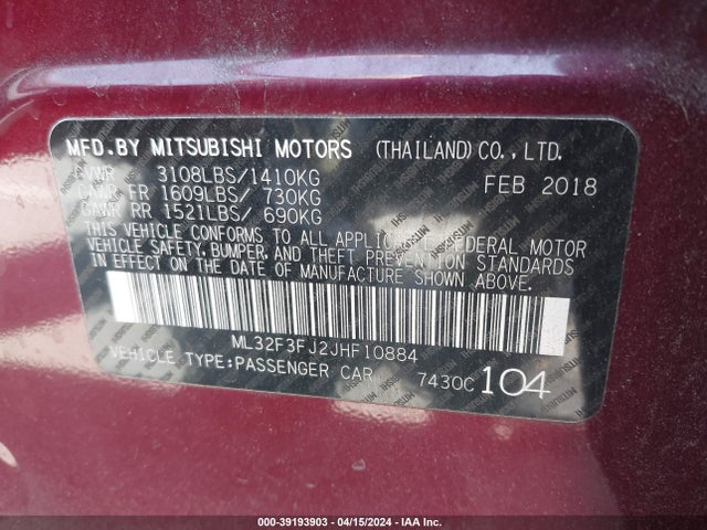 ML32F3FJ2JHF10884 Mitsubishi Mirage G4 Es