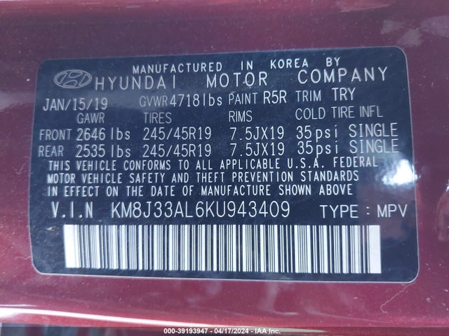 Hyundai Tucson Night 2019 KM8J33AL6KU943409 Image 9
