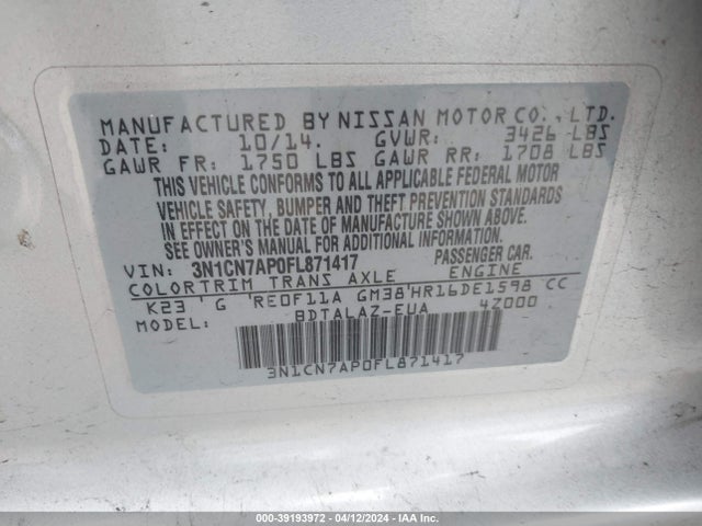 Nissan Versa 1.6 S+ 2015 3N1CN7AP0FL871417 Image 9