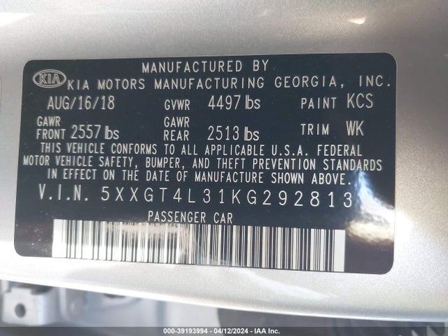 KIA Optima Lx 2019 5XXGT4L31KG292813 Image 9