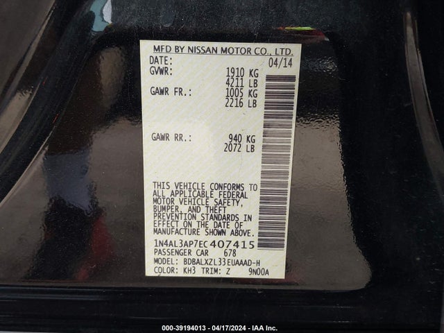 Nissan Altima 2.5 Sl 2014 1N4AL3AP7EC407415 Image 9