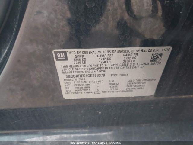 3GCUKREC1GG153379 Chevrolet Silverado 1500 2lt