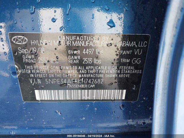 Hyundai SONATA SEL 2019 5NPE34AF5KH742682 Image 9
