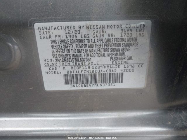3N1CN8EV7ML837051 Nissan Versa Sv Xtronic Cvt