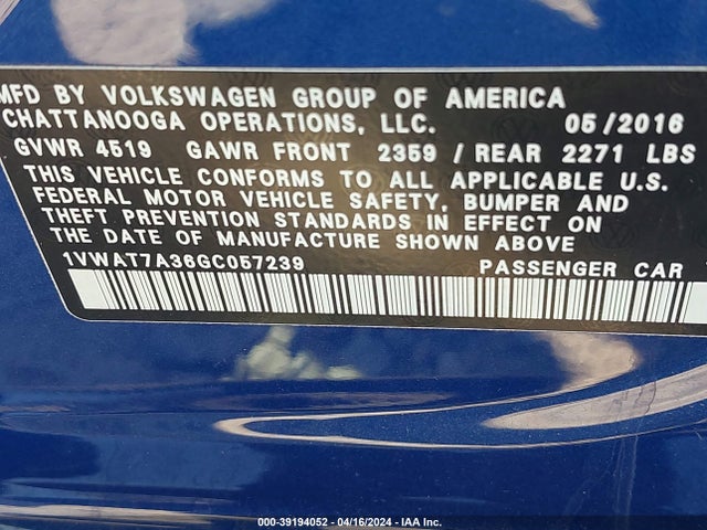 1VWAT7A36GC057239 Volkswagen Passat 1.8t S