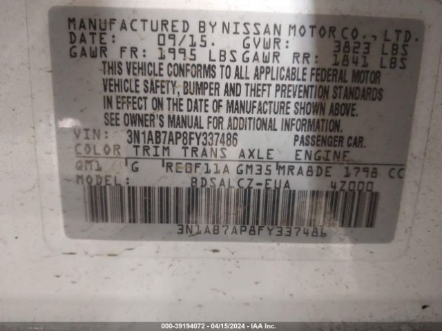 3N1AB7AP8FY337486 Nissan Sentra Fe+ S/s/sl/sr/sv