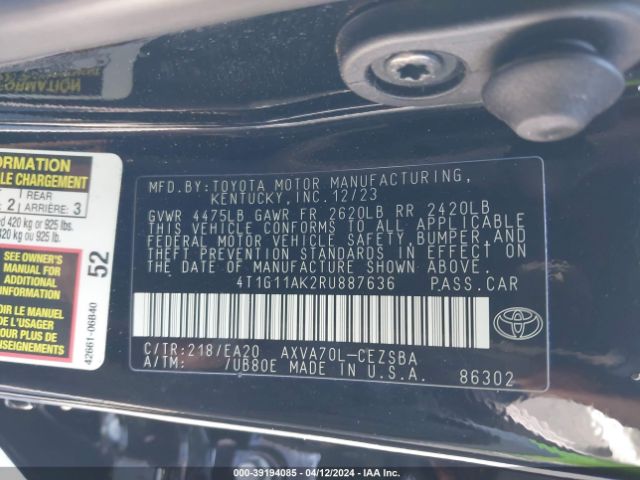 4T1G11AK2RU887636 Toyota CAMRY SE