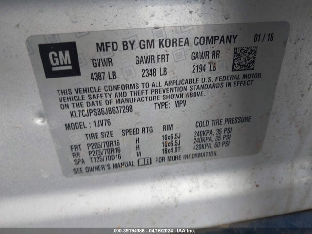 Chevrolet Trax Lt 2018 KL7CJPSB6JB637298 Image 9