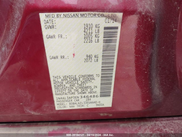 Nissan Altima 2.5 Sl 2014 1N4AL3AP3EN346486 Image 9