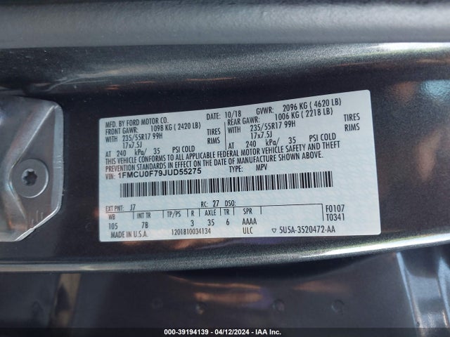 Ford ESCAPE S 2018 1FMCU0F79JUD55275 Image 9