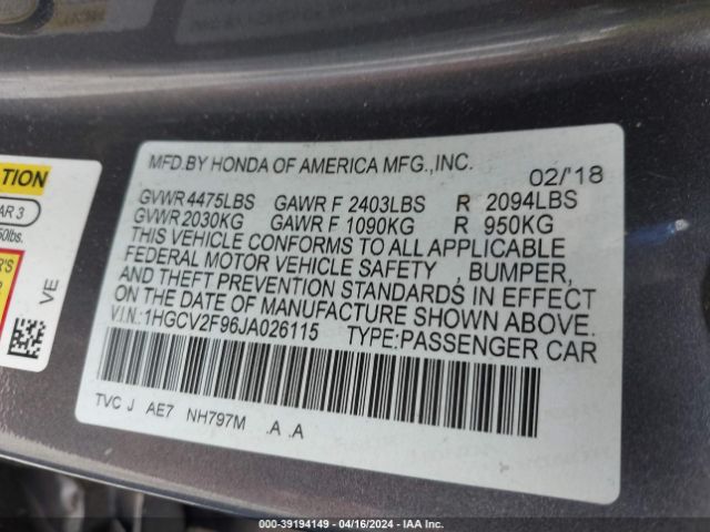 1HGCV2F96JA026115 Honda Accord Touring 2.0t