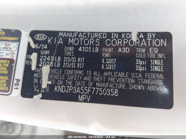 KIA SOUL + 2015 KNDJP3A55F7750358 Image 9