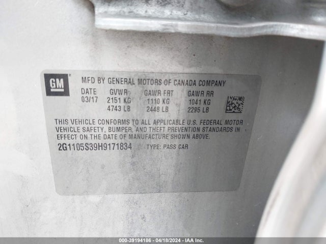 Chevrolet IMPALA 1LT 2017 2G1105S39H9171834 Image 9