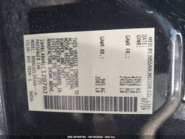 1N4BL4BV4LC120702 Nissan Altima S Fwd