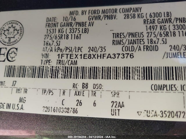 Ford F-150 Xlt 2017 1FTEX1E8XHFA37376 Image 9