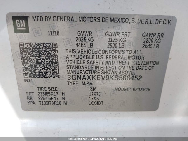 Chevrolet EQUINOX LT 2019 3GNAXKEV9KS566452 Image 9