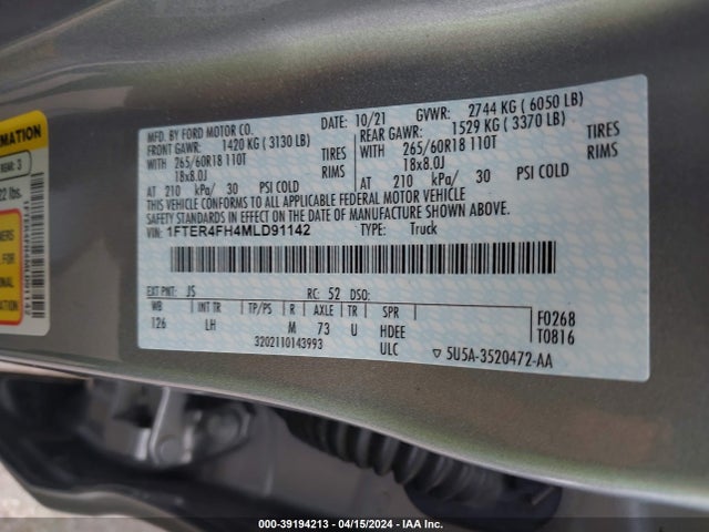 Ford RANGER XL 2021 1FTER4FH4MLD91142 Image 9