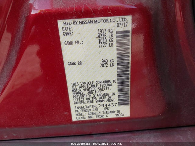 Nissan Altima 2.5 S 2017 1N4AL3AP3HC294437 Image 9