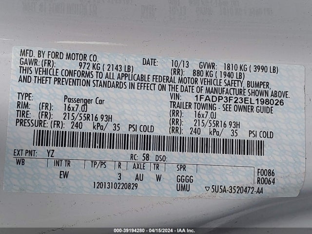 Ford FOCUS SE 2014 1FADP3F23EL198026 Image 9