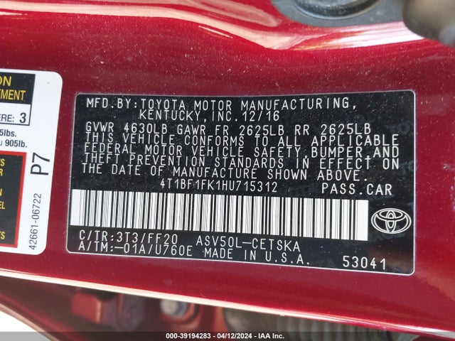 Toyota CAMRY SE 2017 4T1BF1FK1HU715312 Image 9
