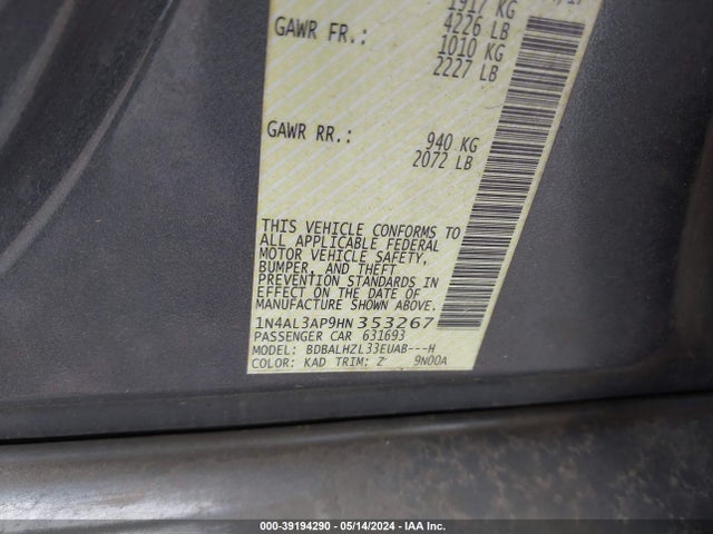 Nissan Altima 2.5 Sr 2017 1N4AL3AP9HN353267 Image 9