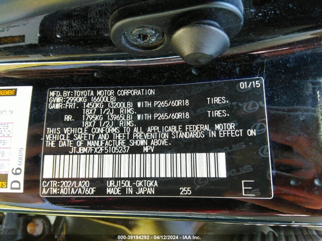 Lexus 460 2015 JTJBM7FX2F5105237 Image 9