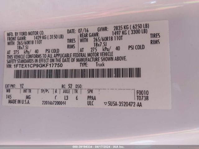 1FTEX1CP9GKF17750 Ford F-150 Xlt