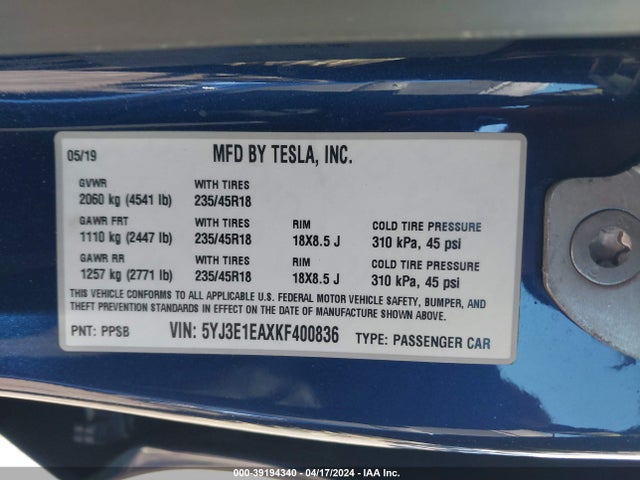 Tesla Model 3 Long Range/mid Range/standard Range/standard Range Plus 2019 5YJ3E1EAXKF400836 Image 9