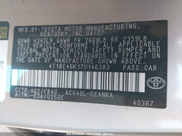 Aukcja sprzedaży 2007 Toyota Camry Le, vin: 4T1BE46K17U146383, numer aukcji: 39194364