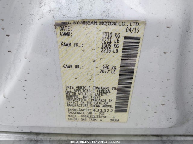 Nissan Altima 2.5 S 2015 1N4AL3AP5FC431522 Image 9
