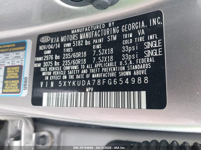 KIA Sorento Ex V6 2015 5XYKUDA78FG654988 Image 9