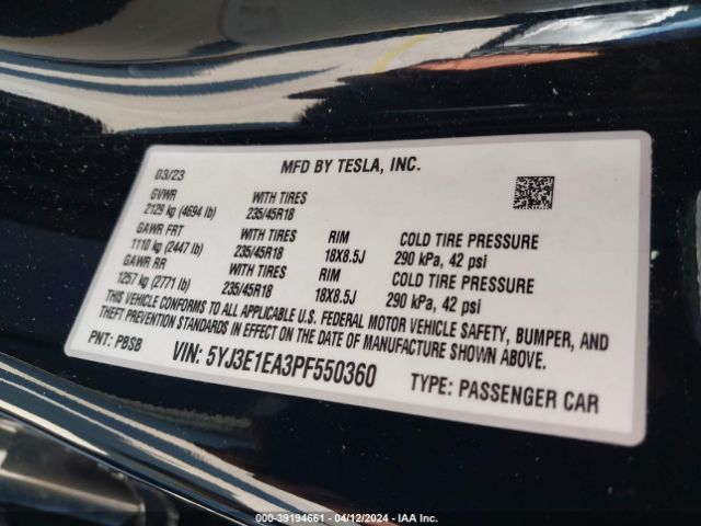 5YJ3E1EA3PF550360 Tesla Model 3 Rear-wheel Drive