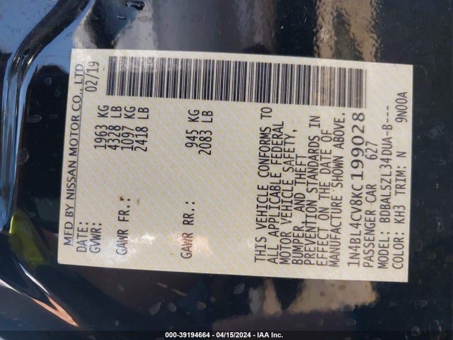 Nissan Altima 2.5 Sr 2019 1N4BL4CV8KC199028 Image 9