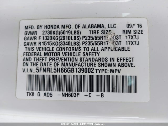 Honda Odyssey Ex-l 2016 5FNRL5H66GB139002 Image 9