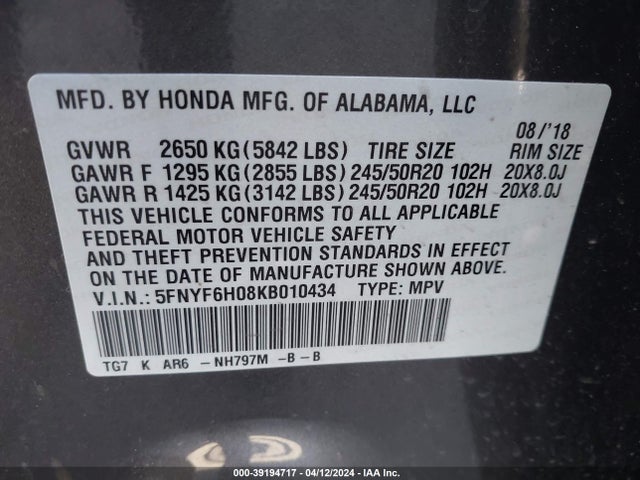 Honda Pilot Elite 2019 5FNYF6H08KB010434 Image 9