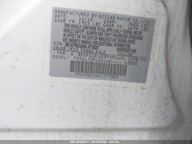 Nissan KICKS SR 2019 3N1CP5CU6KL477822 Image 9