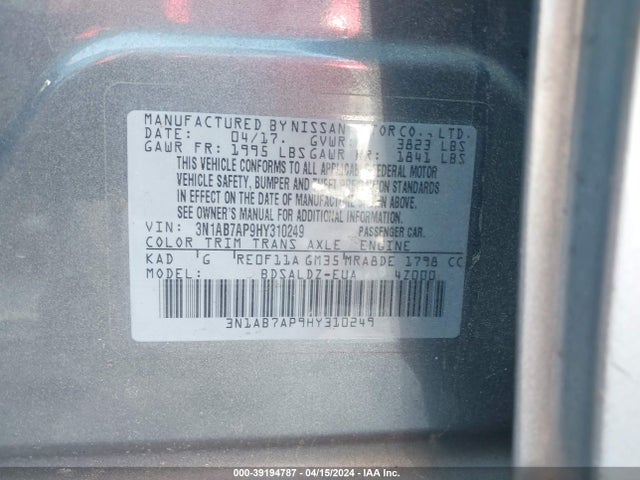 Nissan SENTRA SV 2017 3N1AB7AP9HY310249 Image 9