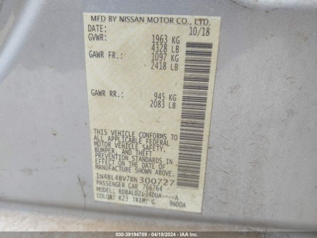 1N4BL4BV7KN300727 Nissan Altima 2.5 S
