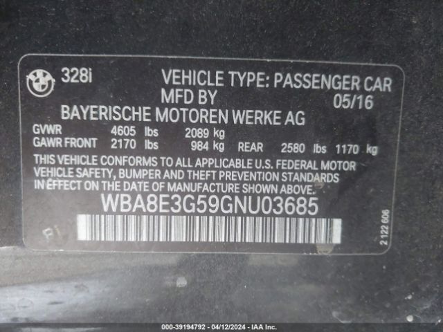 WBA8E3G59GNU03685 BMW 328i Xdrive