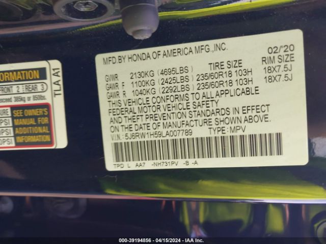 5J6RW1H59LA007789 Honda Cr-v 2wd Ex