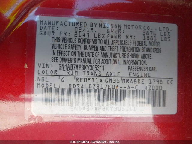 Nissan SENTRA SV 2019 3N1AB7AP8KY305311 Image 9